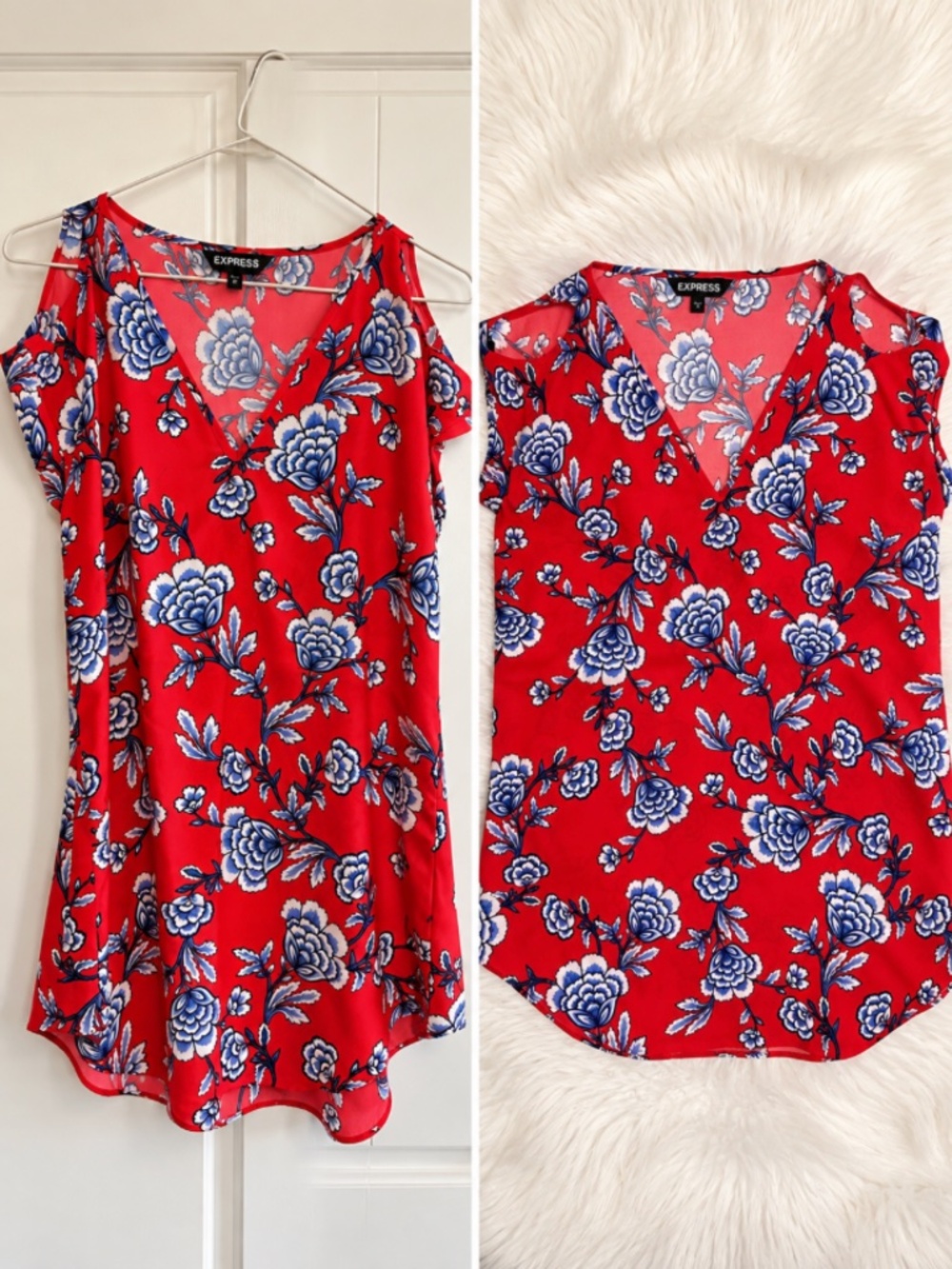 Express NWOT Red Floral Cold Shoulder V-Neck Blouse- Size S